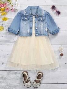 Baby Girl 1pc Ripped Flap Detail Denim Jacket - Medium Wash - View 1