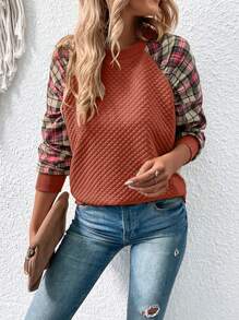 SHEIN VCAY Kẻ sọc tương phản Tay Raglan Áo nỉ - Gỗ đỏ - Xem 3