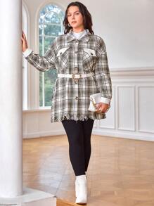SHEIN Clasi Plus Plaid Print Drop Shoulder Raw Cut Overcoat Without Belt - Apricot - View 1
