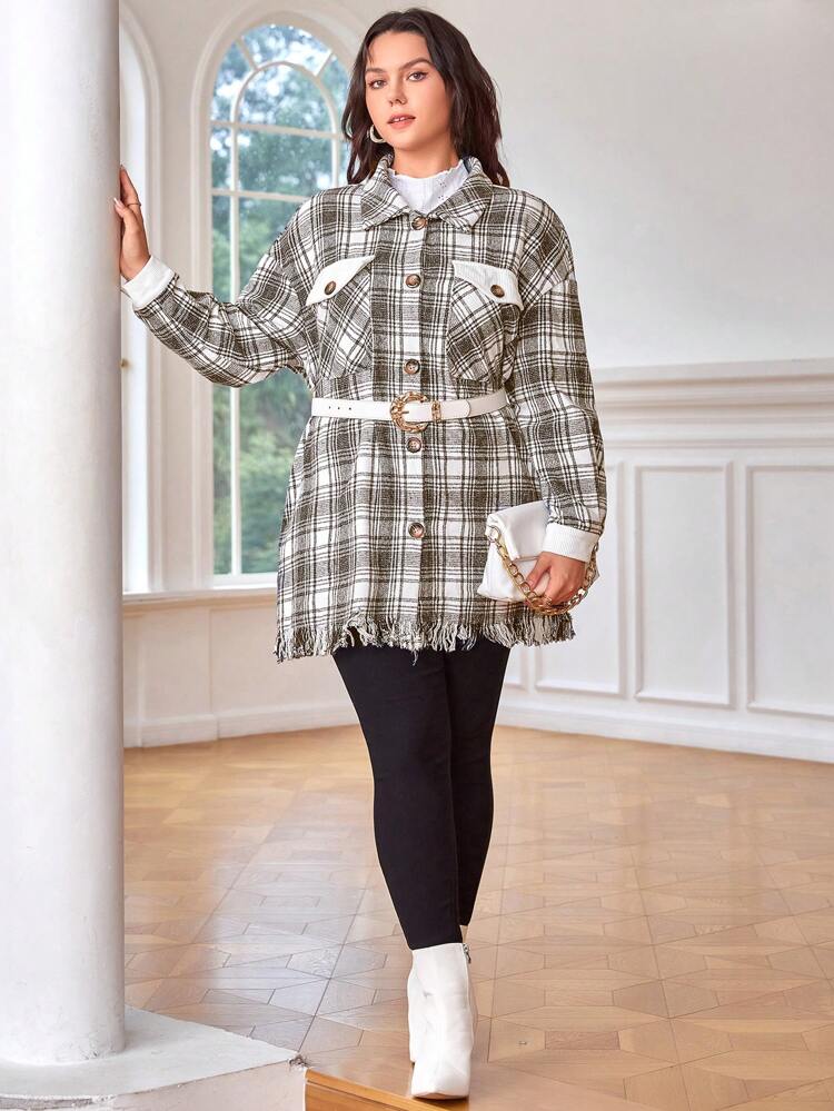 Plus Plaid Print Drop Shoulder Raw Cut Overcoat Without Belt