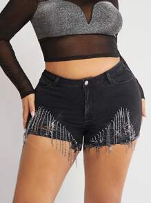 Plus Rhinestone Fringe Trim Denim Shorts - Black - View 1