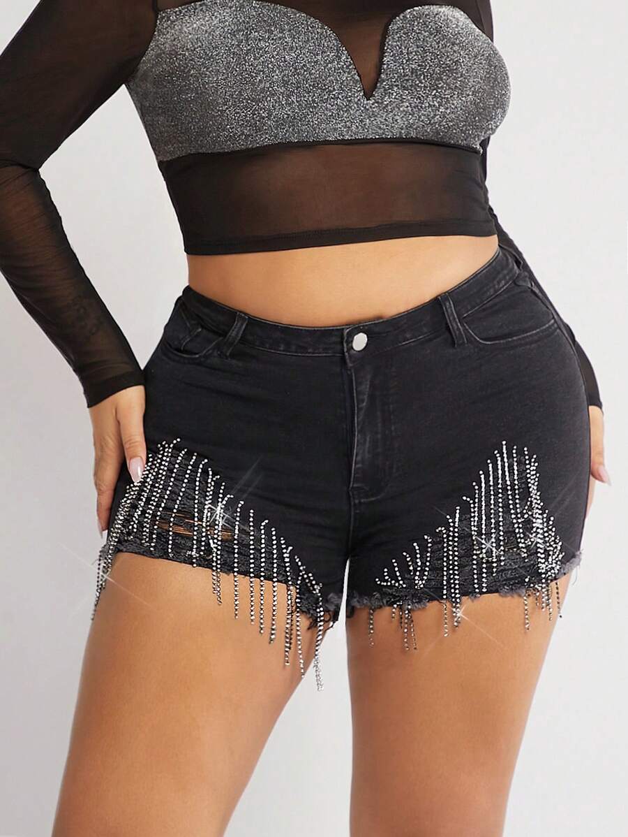 Plus Rhinestone Fringe Trim Denim Shorts - Black - View 1