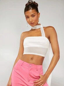 SHEIN BAE Áo crop top lưới cổ bất đối xứng - trắng - Xem 3