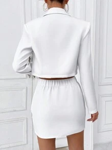 SHEIN Privé Lapel Neck Crop Blazer & Asymmetrical Hem Skirt - White - View 2