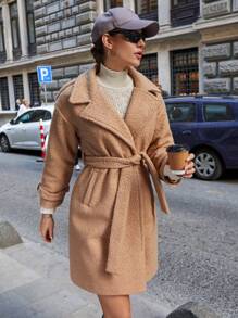 EURMUSE Lapel Neck Belted Overcoat - Camel - View 6