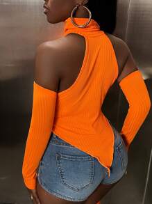 Slaydiva 素色不對稱下擺掛脖上衣帶袖子 - 亮橙色 - 查看 2