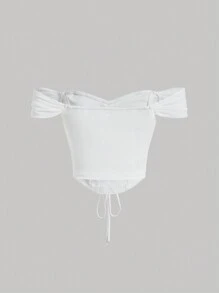 SHEIN MOD Áo crop top trễ vai có dây buộc phía trước - trắng - Xem 2