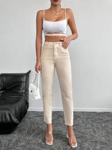 SHEIN Cottnline Zipper Fly Tapered Jeans - Beige - View 3