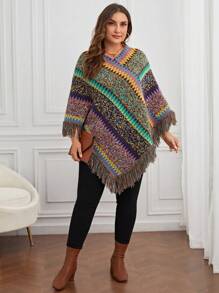 SHEIN LUNE 大碼段染流蘇邊斗篷毛衣