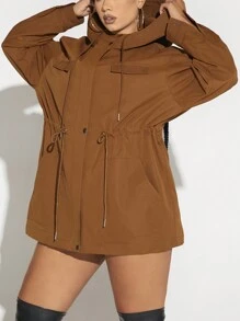 SHEIN SXY 大碼翻蓋口袋腰部抽繩拉鏈開襟連帽外套 - 棕色 - 查看 6