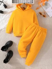 SHEIN 女小童字母圖案拉鏈連帽衫和運動褲 - 黃色 - 查看 2