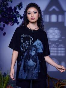 Corpse Bride | ROMWE Cartoon Figure & Letter Graphic Tee - Black - View 5