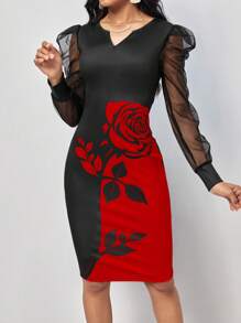 SHEIN Clasi Đầm Bodycon tay phồng phối lưới in hoa tương phản - Đỏ - Xem 6