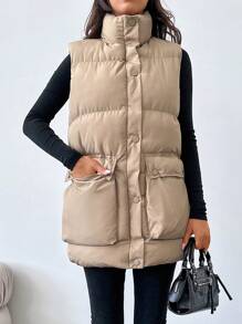 EURMUSE Flap Pocket Puffer Vest Coat - Apricot - View 5