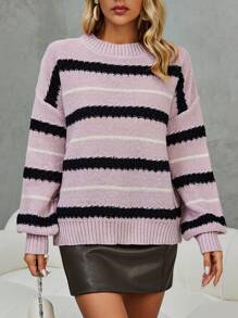 SHEIN LUNE Striped Pattern Drop Shoulder Knit Pullover Fall Winter Sweater - Pink - View 3