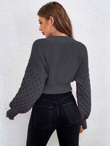 SHEIN Frenchy 麻花編織落肩袖前紐扣開襟衫 - 深灰色 - 查看 2