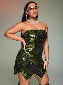 SHEIN ICON Plus Asymmetrical Hem Sequin Tube Dress - Green - View 2
