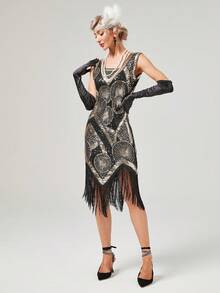 Women's 1920s Heavy Embroidered Sequin Fringed Cocktail Dress, Party Gown - Black - View 4