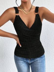 SHEIN Essnce 純色圓環細節吊帶上衣 - 黑色 - 查看 6