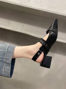 Women's Retro Pointed Toe Mary Jane Patent Leather Loafers, Vintage British Style, French Fashion Thick Heel Pumps, Spring & Autumn 2024,Elegant,Party - Black - View 6