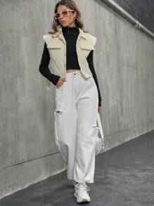Flirla Drawstring Side Flap Detail Quilted Vest Padded Coat Clothes Winter - Beige - View 4