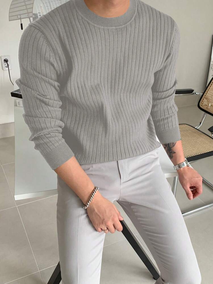 Men Solid Ribbed Knit Fall Sweater
