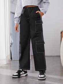 Tween Tween Girl Flap Pocket Side Cargo Pants - Black and White - View 1