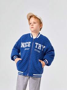 SHEIN Tween Boy Letter Graphic Striped Trim Drop Shoulder Thermal Lined Bomber Jacket Without Hoodie - Blue - View 7