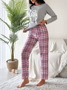 RueChic Cartoon & Slogan Graphic Tee & Plaid Pants PJ Set - Grey - View 4