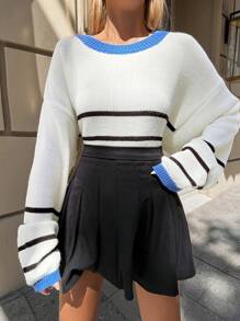 Striped Pattern Drop Shoulder Contrast Trim Sweater