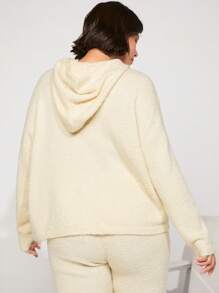 SHEIN BASICS 加袋鼠口袋落肩抽繩連帽毛衣 - 杏色 - 查看 2
