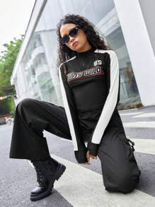 SHEIN Leap Crew Teen Girl Letter Graphic Contrast Side Seam Half Zip Tee - Black and White - View 5