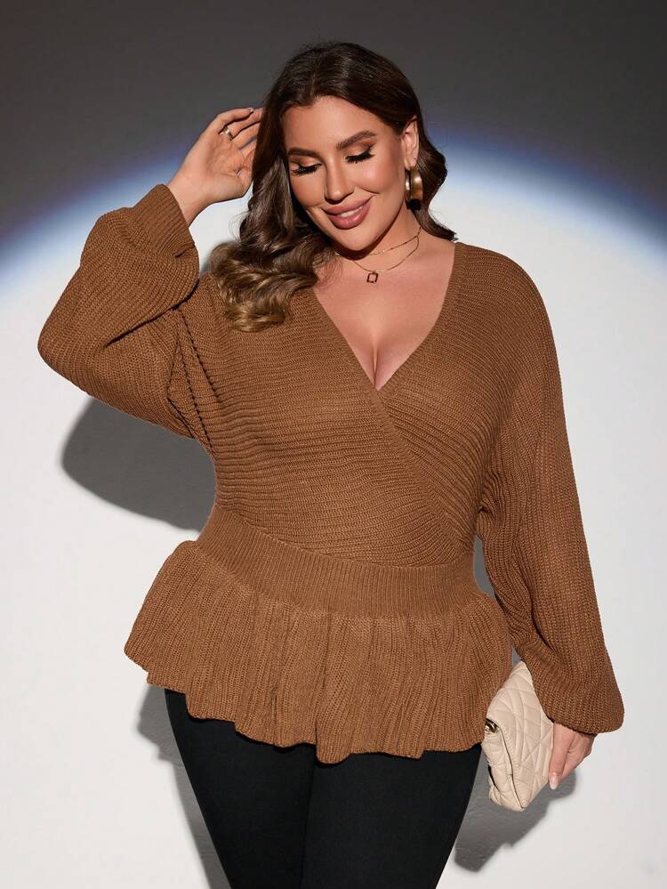 Plus Surplice Neck Drop Shoulder Peplum Sweater Knit Pullover Fall Winter Sweater