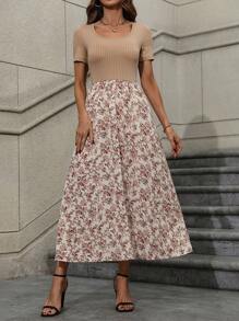 EMERY ROSE Vestido maxi estilo de línea A con estampado floral diminuto y cuello cuadrado para mujeres - Albaricoque - Ver 5