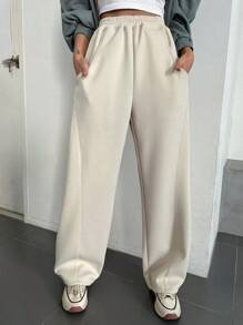 DAZY 纯色斜口袋阔腿运动裤，女式秋季慢跑裤 - 杏色 - 查看 4