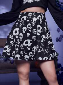 Corpse Bride | ROMWE 骷髏印花半身裙 - 黑與白 - 查看 5