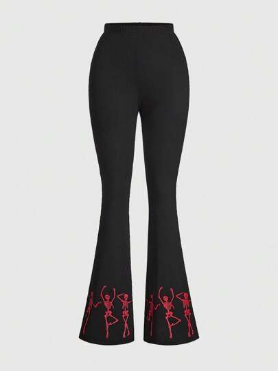 Goth Skull Print Flare Leg Pants