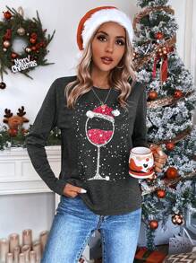 EMERY ROSE Christmas Print Tee Graphic Tees Women Tops - Dark Grey - View 3