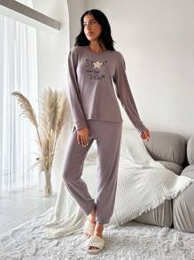 SHEIN Cottnline Slogan Graphic Ribbed Knit Lounge Set - Brown - View 3