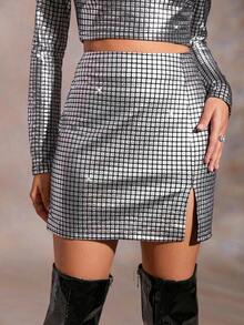 GENKIRA Váy xẻ tà in họa tiết kẻ sọc - Bạc - Xem 2