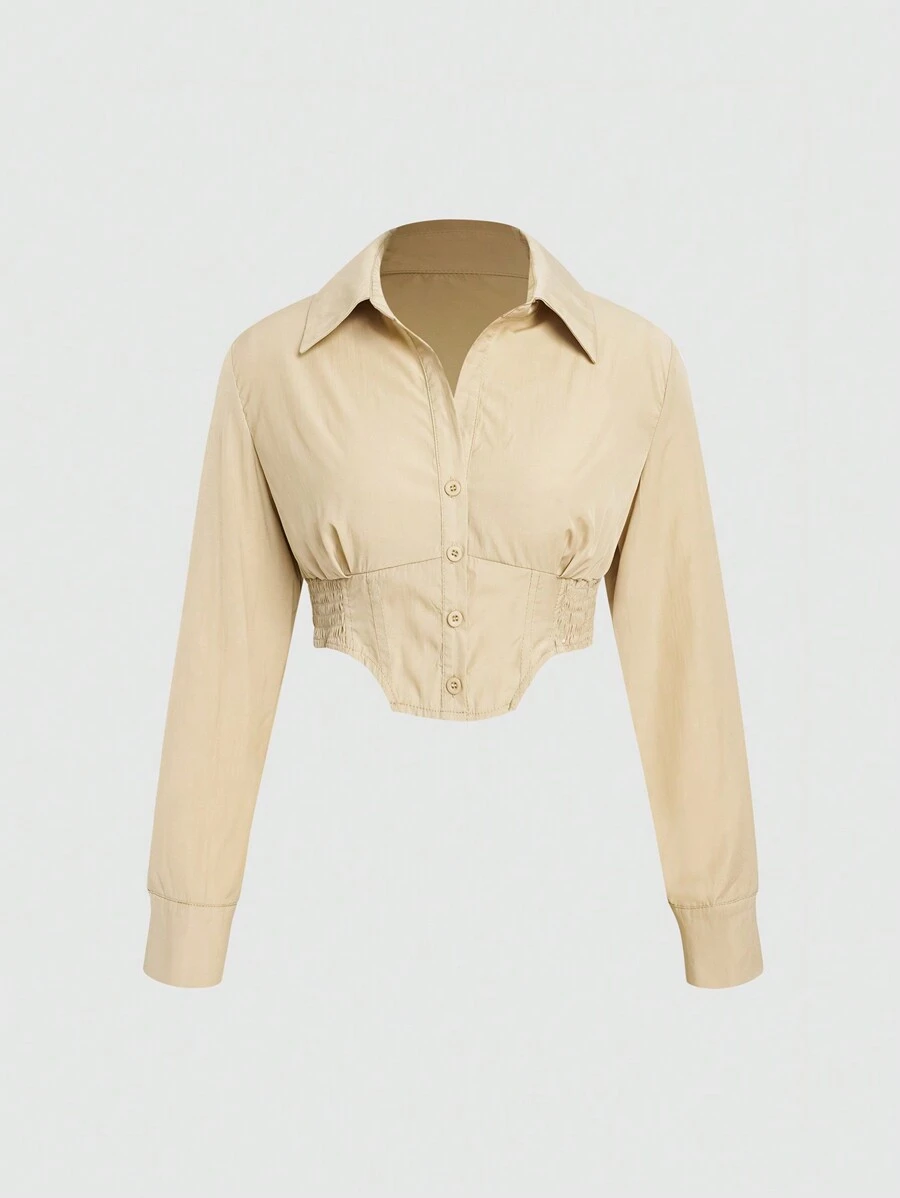 SHEIN Unity Camisa unicolor con botón delantero crop - Caqui - Ver 1