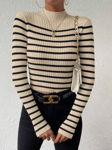 Chiquease Randigt mönster Mock Neck tröja, långärmade toppar - Aprikos - Visa 7