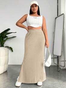 SHEIN EZwear Hơn Tách đùi Đồ đan Ribbed Váy - Màu be - Xem 3