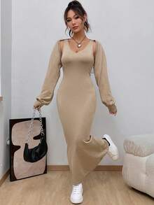 SHEIN EZwear 女士毛衣兩件套 - 杏色 - 查看 6