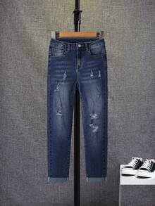 SHEIN Tween Boy Ripped Frayed Cat Scratch Jeans - Dark Wash - View 5