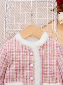 SHEIN Baby Girl Plaid Pattern Contrast Fuzzy Trim Tweed Overcoat - Pink - View 3