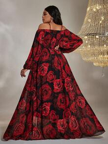 大碼印花一字肩高衩雪紡洋裝 - 紅色 - 查看 2