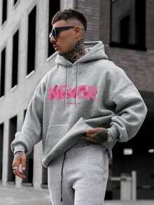 Men Letter Graphic Kangaroo Pocket Drawstring Hoodie - Grey - View 3