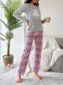RueChic Cartoon & Slogan Graphic Tee & Plaid Pants PJ Set - Grey - View 5