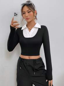 SHEIN Unity 2 trong1 Áo phông Crop - màu đen - Xem 4